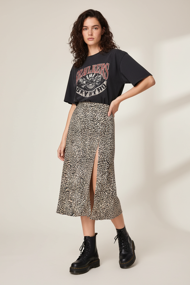 Jupe Léopard Midi Fendue Chic