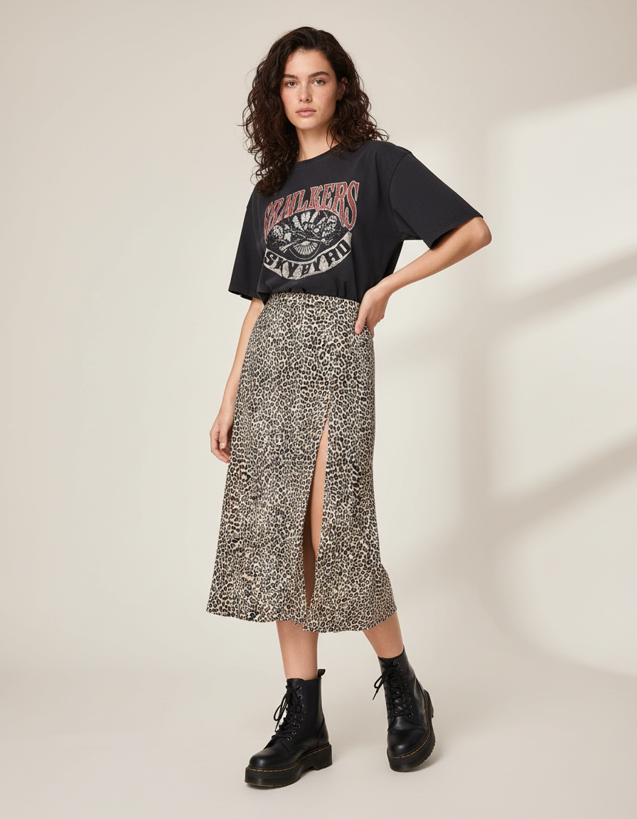Jupe Léopard Midi Fendue Chic