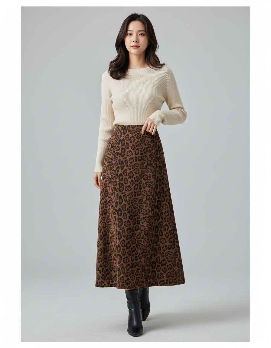Jupe Léopard Droite Midi Élégante