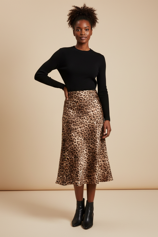 Jupe Léopard Fluide Midi Élégante Sophistiquée
