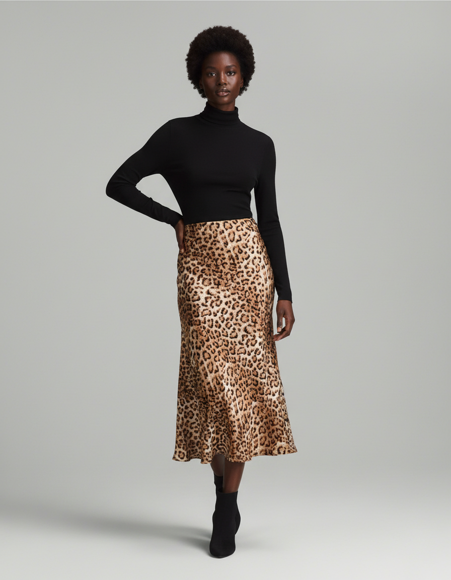 Jupe Léopard Fluide Midi Élégante Intemporelle