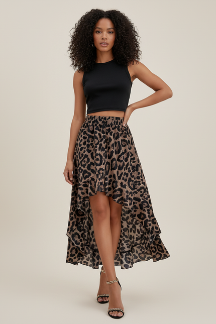 Jupe Léopard Asymétrique À Volants Chic