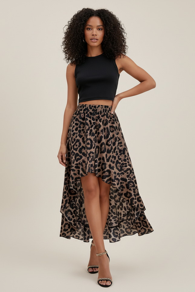 Jupe Léopard Asymétrique À Volants Chic