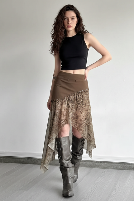 Jupe Léopard Asymétrique Maille Vintage