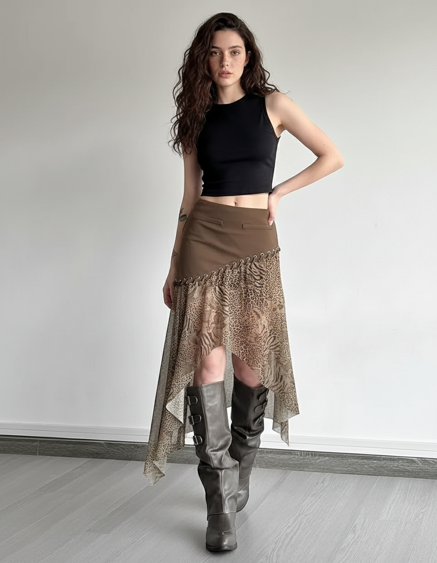 Jupe Léopard Asymétrique Maille Vintage