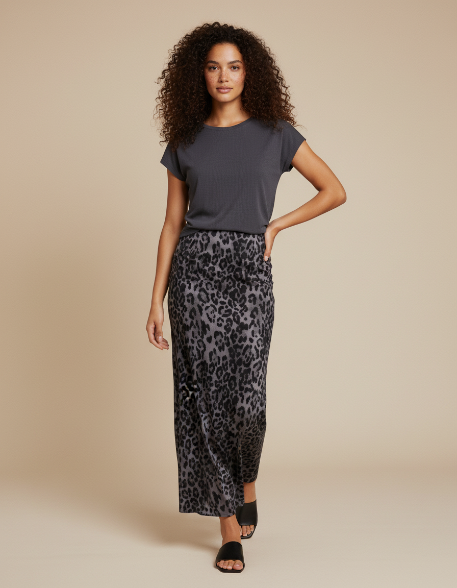 Jupe Léopard Grise Midi Élégante