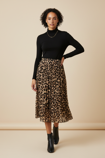 Jupe Longue Plissée Leopard Kaki