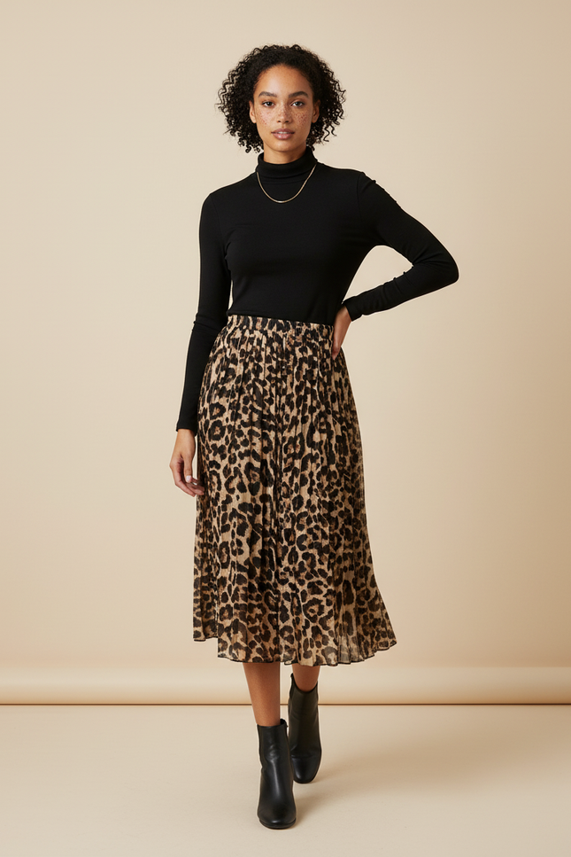 Jupe Longue Plissée Leopard Kaki