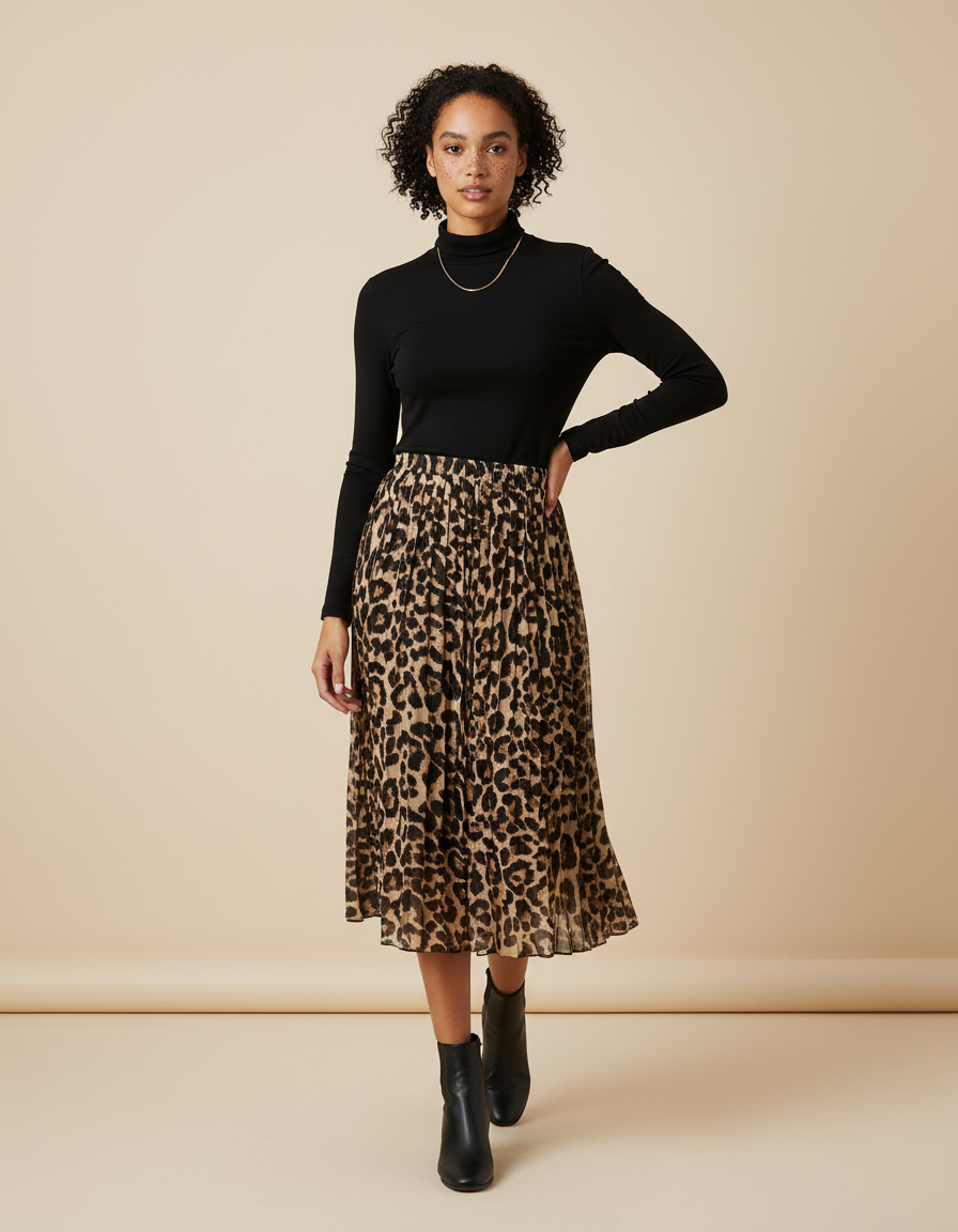 Jupe Longue Plissée Leopard Kaki