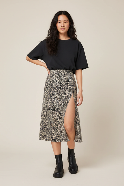 Jupe Léopard Fendue Midi Fluide