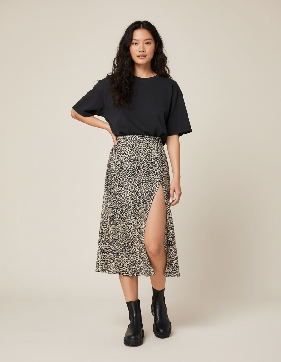 Jupe Léopard Fendue Midi Fluide