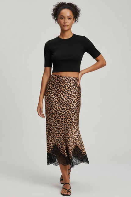 Jupe Léopard Satin Dentelle Élégante