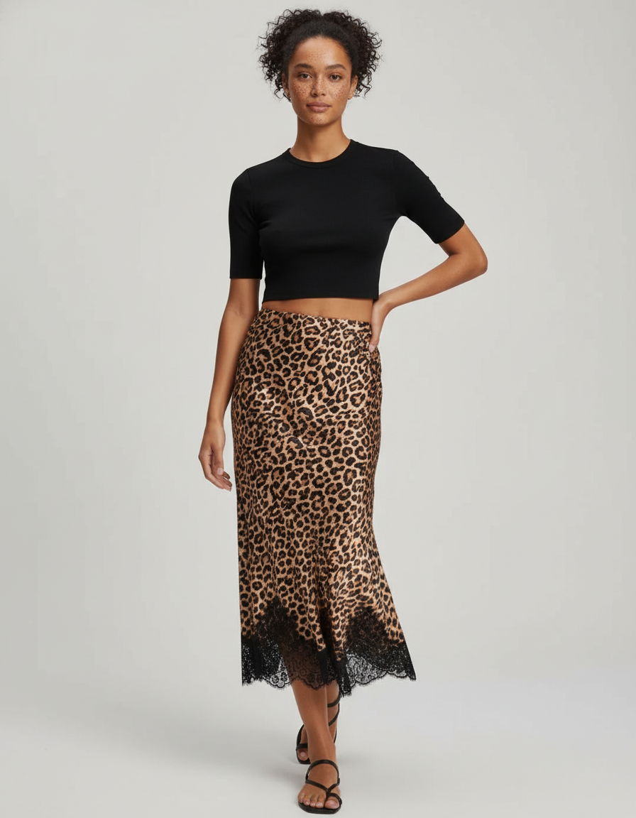 Jupe Léopard Satin Dentelle Élégante