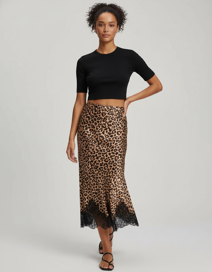 Jupe Léopard Satin Dentelle Élégante