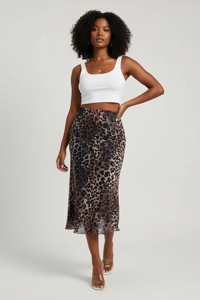 Jupe Léopard Midi Fluide Élégante