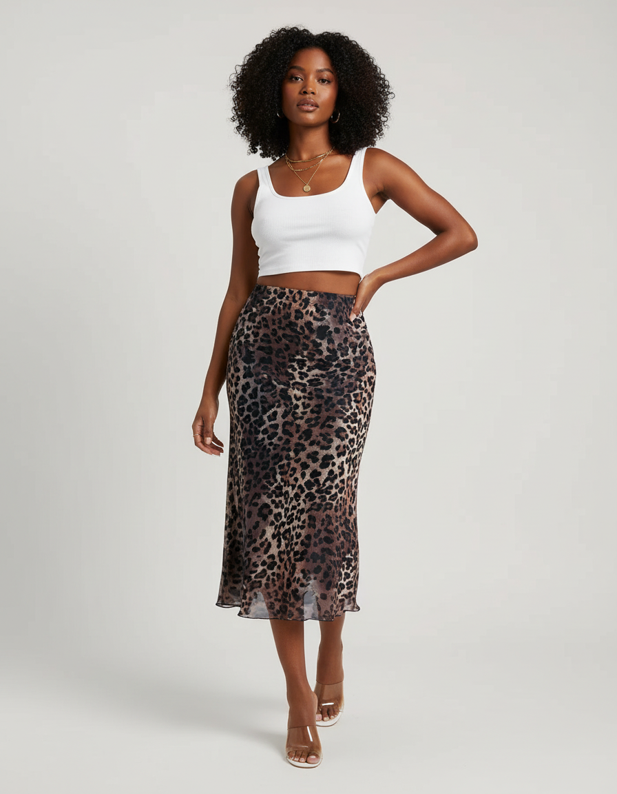 Jupe Léopard Midi Fluide Élégante