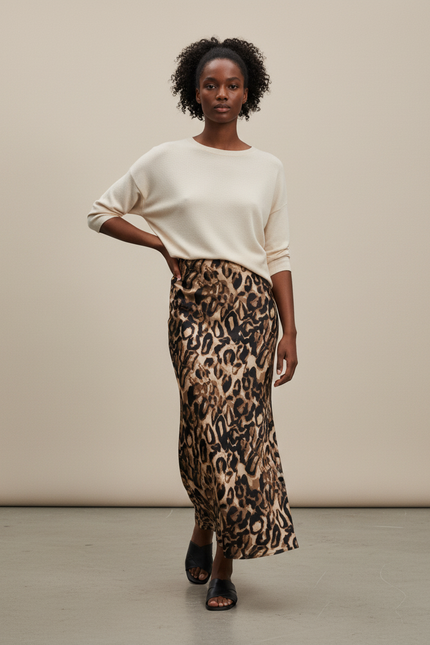 Jupe Léopard Midi Satin Fluide