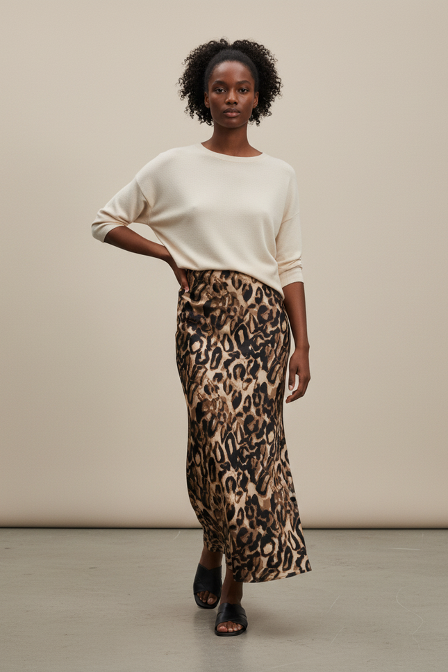 Jupe Léopard Midi Satin Fluide