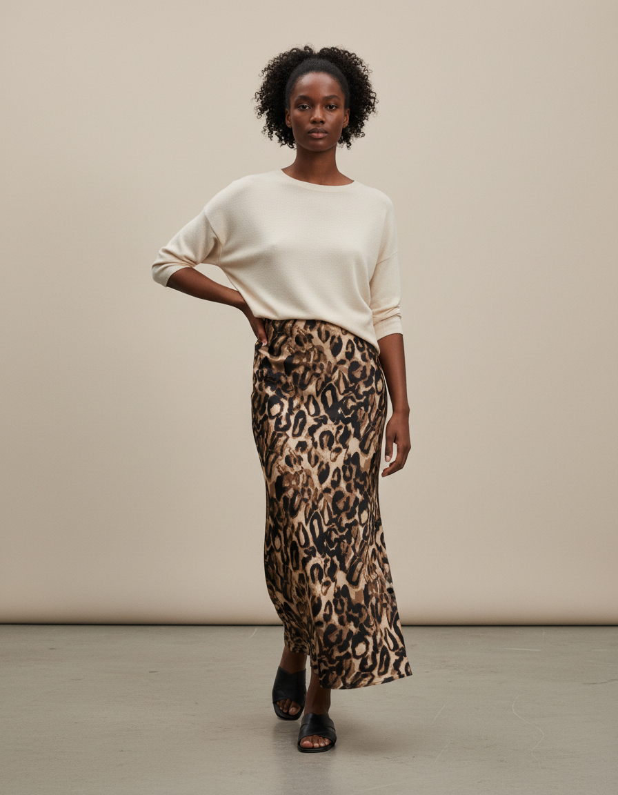 Jupe Léopard Midi Satin Fluide