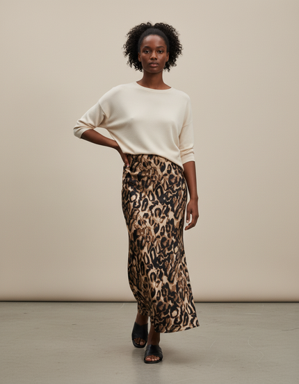Jupe Léopard Midi Satin Fluide