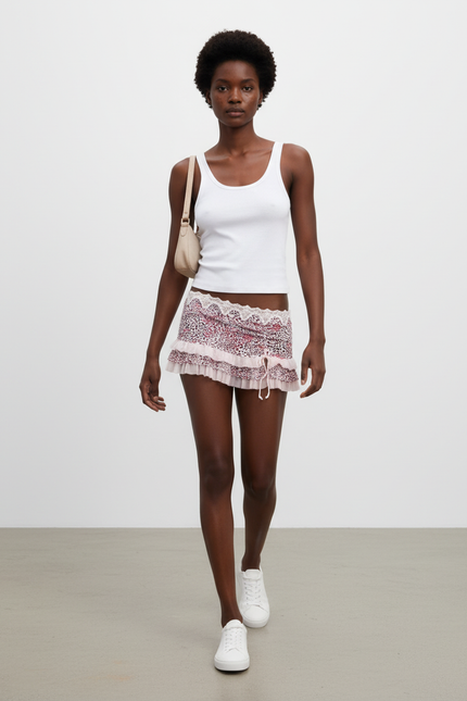Jupe Léopard Taille Basse Volants Dentelle Chic