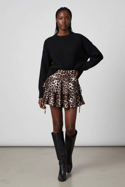 Jupe Léopard Courte À Volants Chic