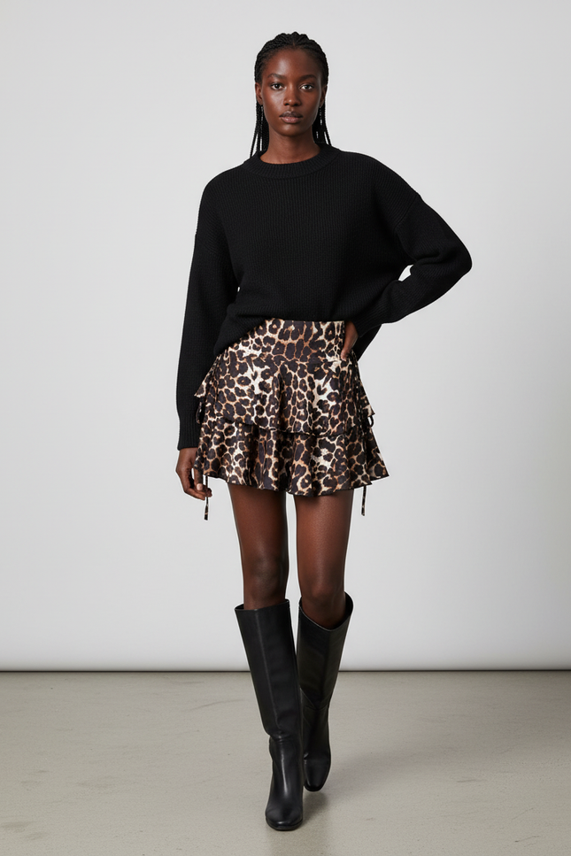 Jupe Léopard Courte À Volants Chic