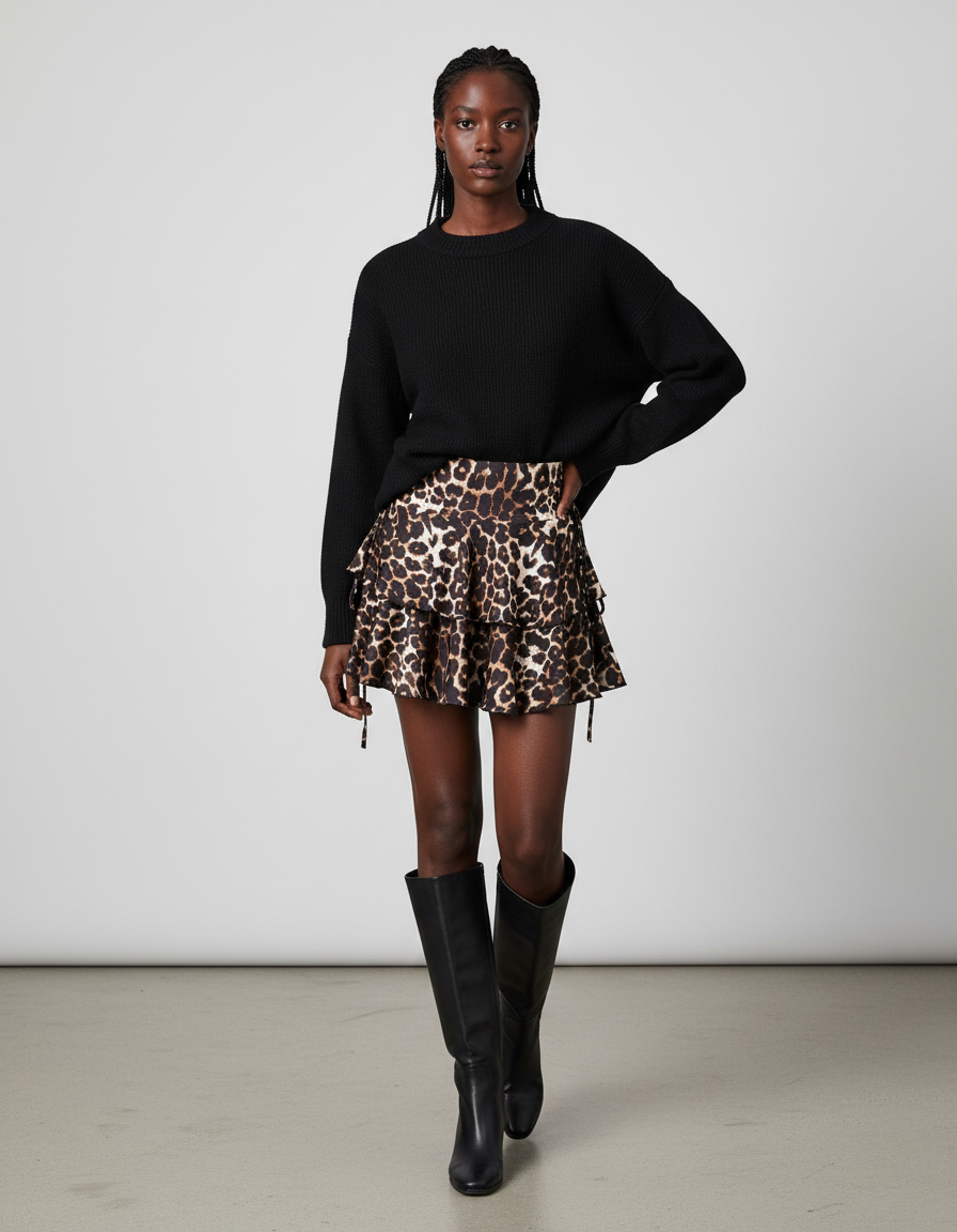Jupe Léopard Courte À Volants Chic