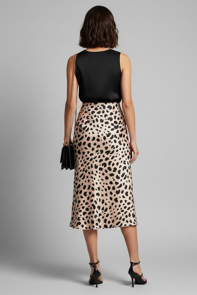 Jupe Léopard Satin Fluide Élégante Sophistiquée
