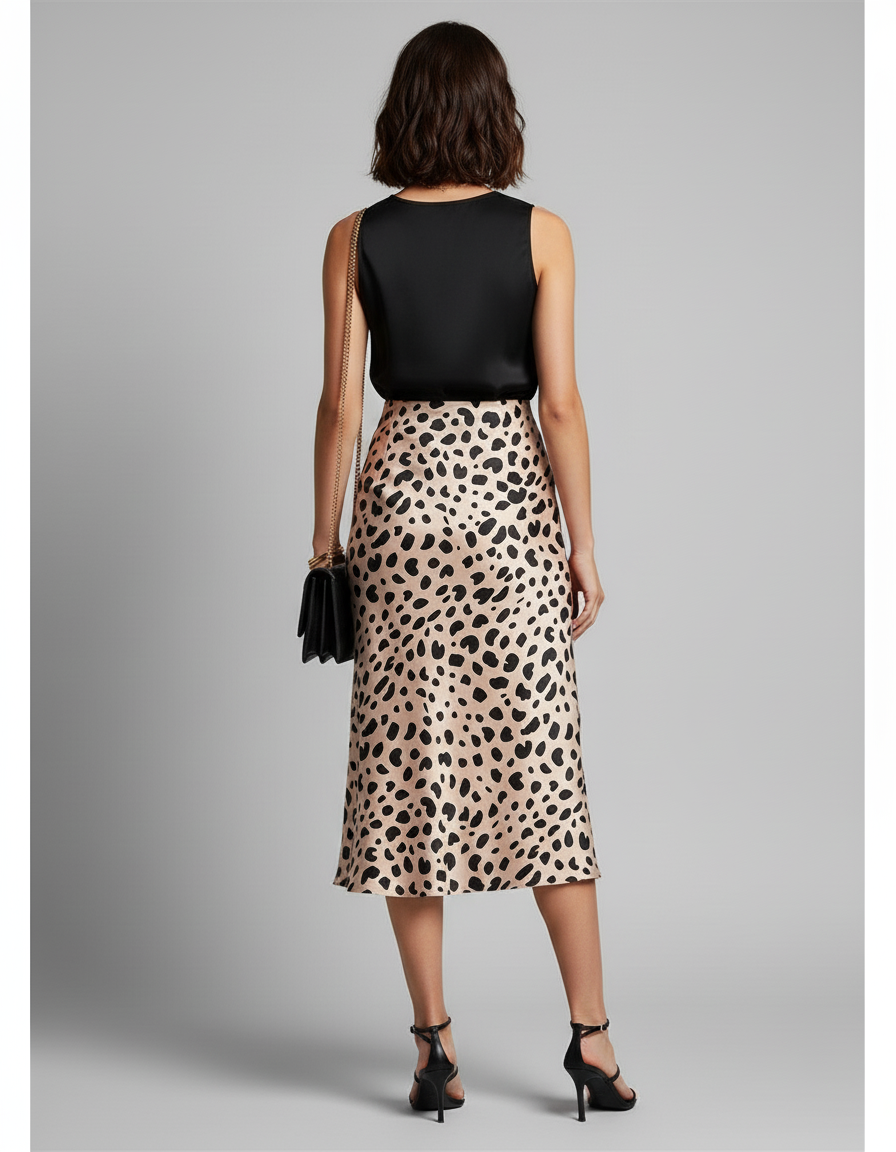 Jupe Léopard Satin Fluide Élégante Sophistiquée