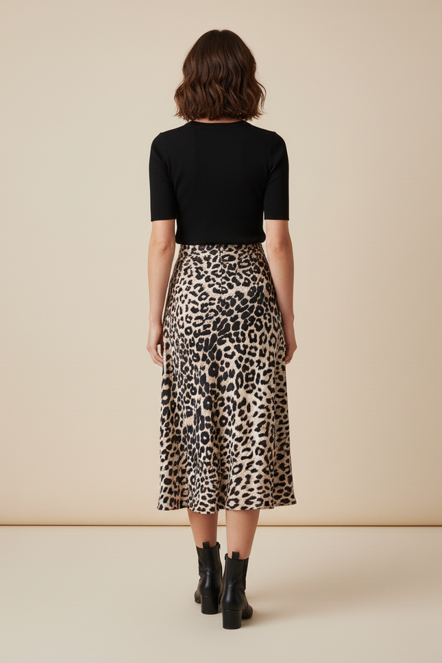 Jupe Léopard Satin Fluide Midi Légère