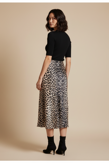 Jupe Léopard Satin Midi Fluide
