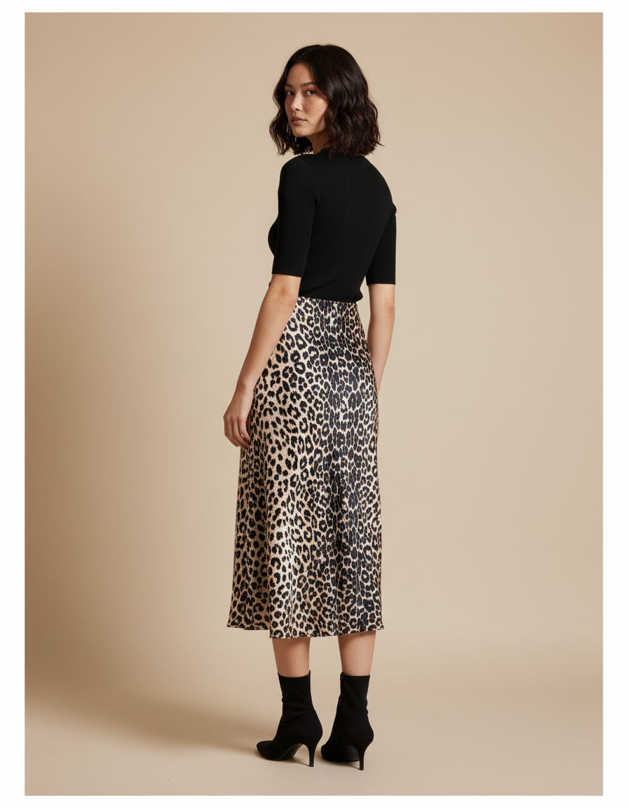 Jupe Léopard Satin Midi Fluide