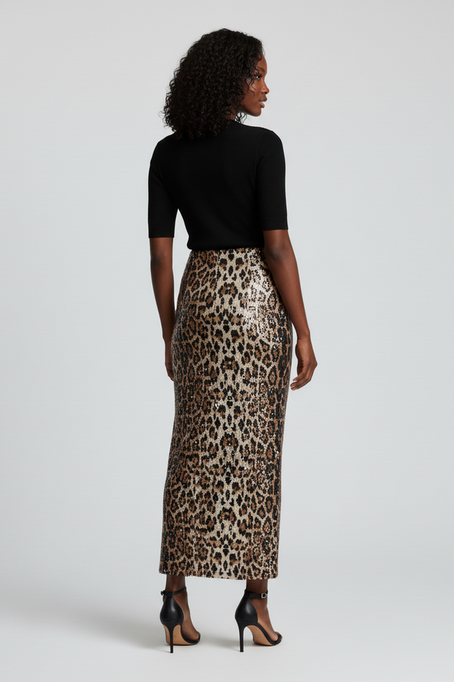Jupe Léopard Pailletée Droite Chic