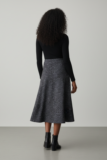 Jupe Léopard Gris Anthracite Évasée Élégante