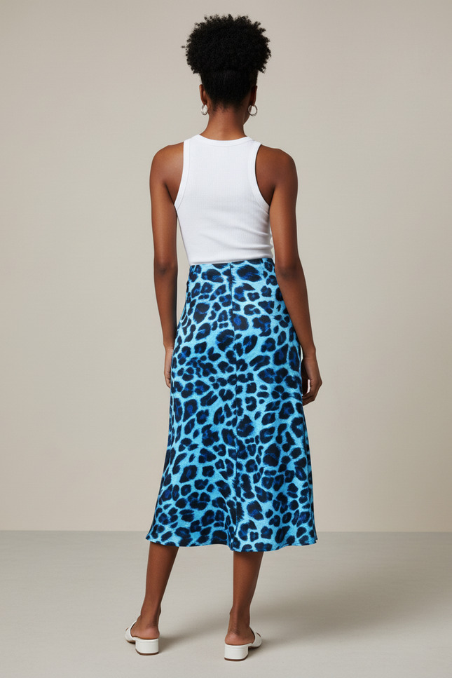 Jupe Léopard Bleue Satinée Fluide
