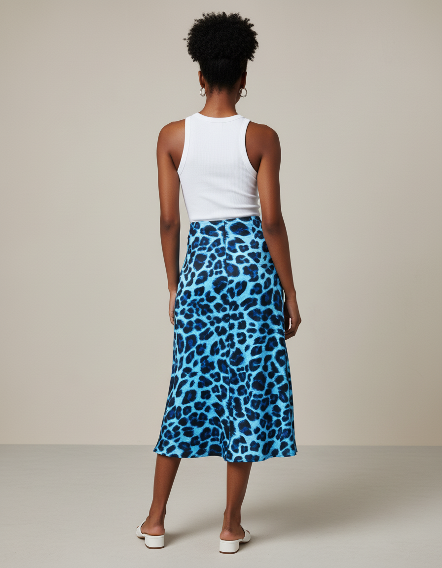 Jupe Léopard Bleue Satinée Fluide