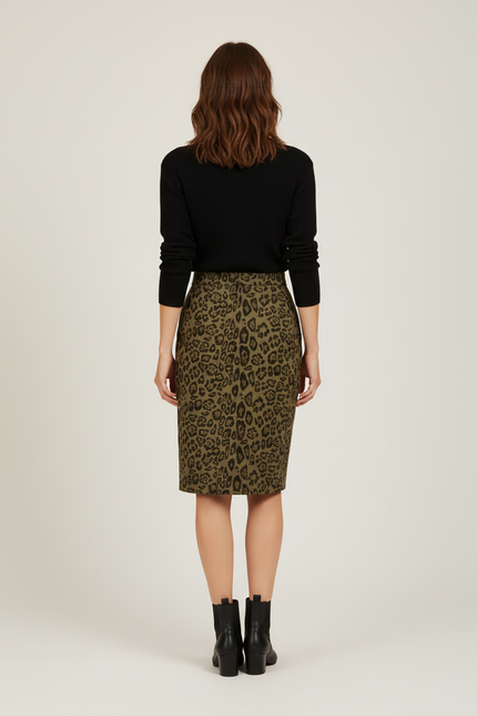 Jupe Léopard Kaki Midi Élégante