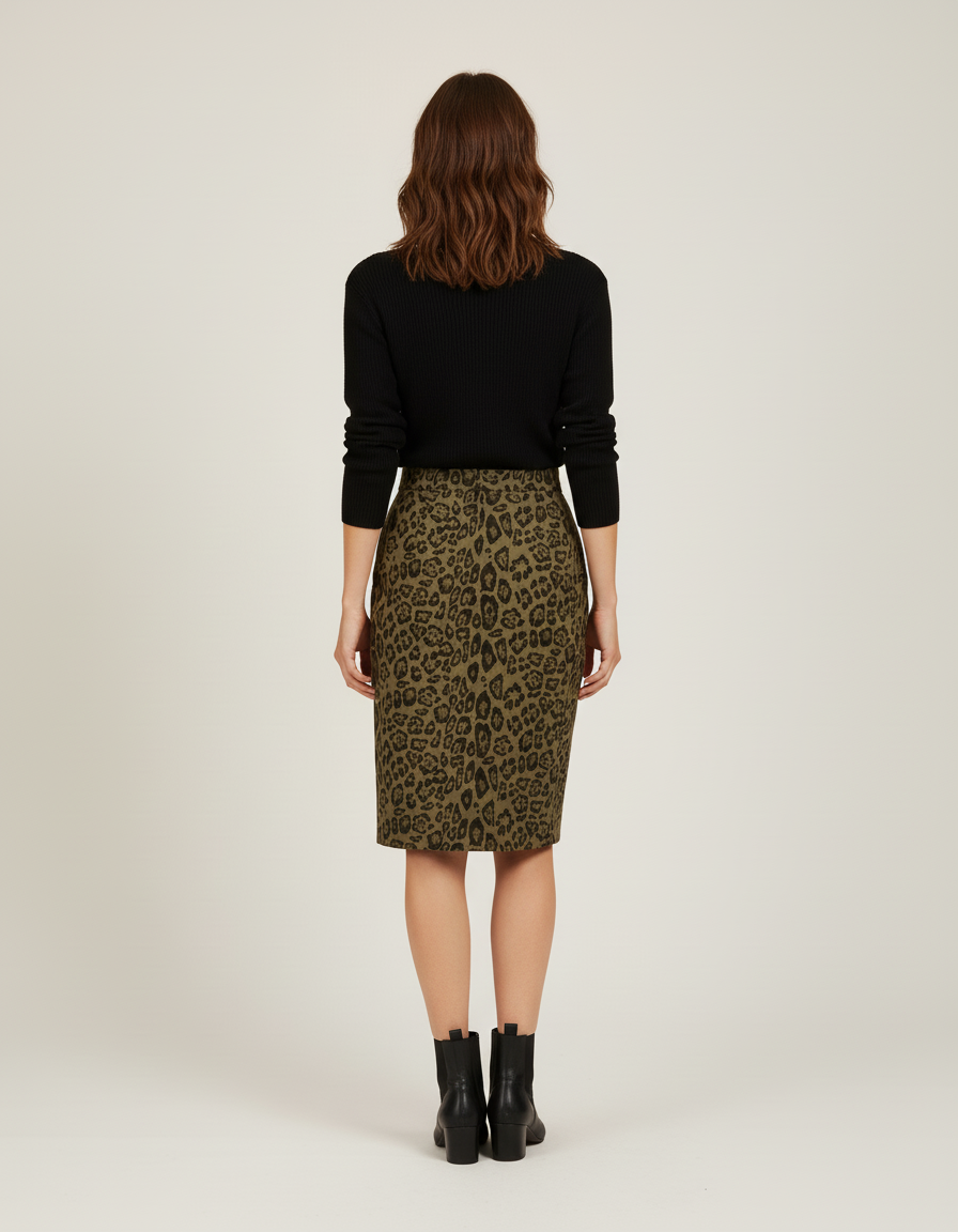 Jupe Léopard Kaki Midi Élégante