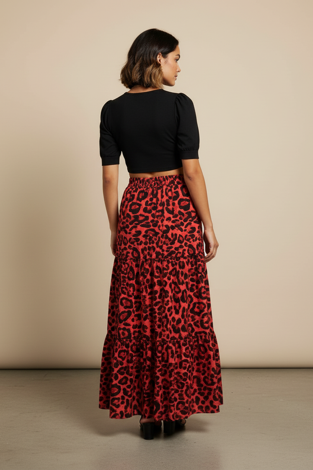 Jupe Léopard Rouge À Volants Fluide