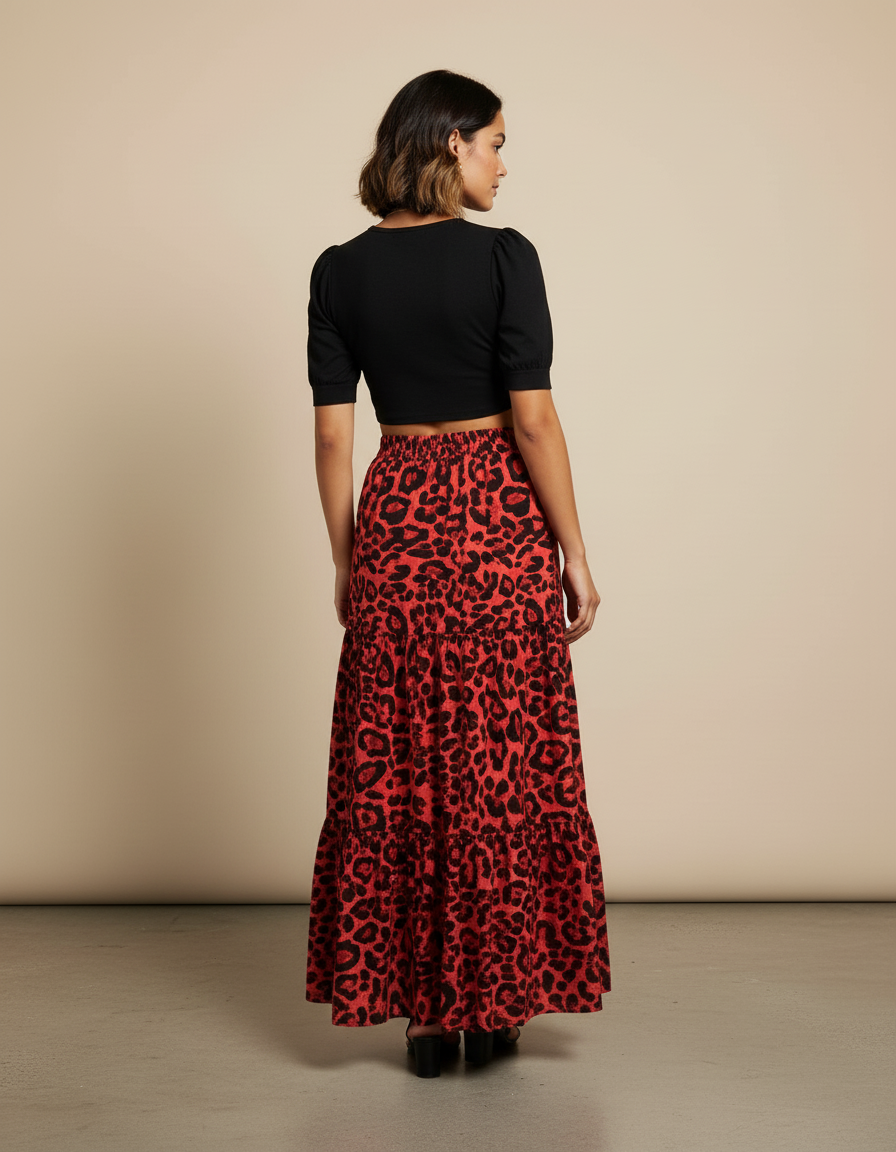 Jupe Léopard Rouge À Volants Fluide