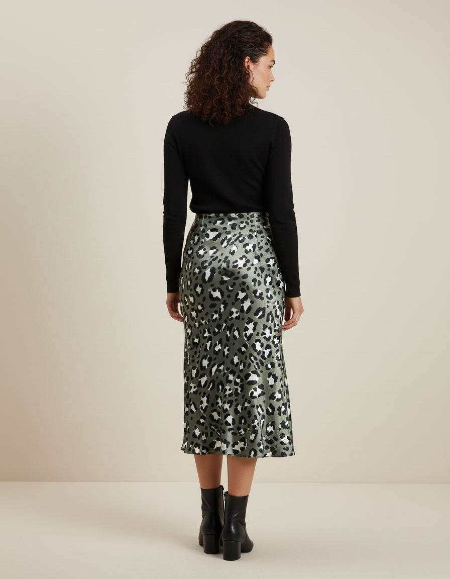 Jupe Léopard Vert Kaki Fluide Élégante