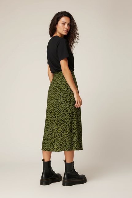 Jupe Léopard Verte Fendue Élégante