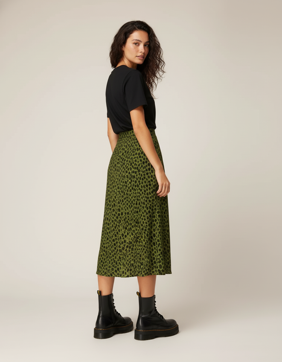 Jupe Léopard Verte Fendue Élégante