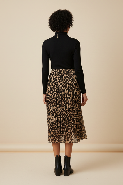 Jupe Longue Plissée Leopard Kaki