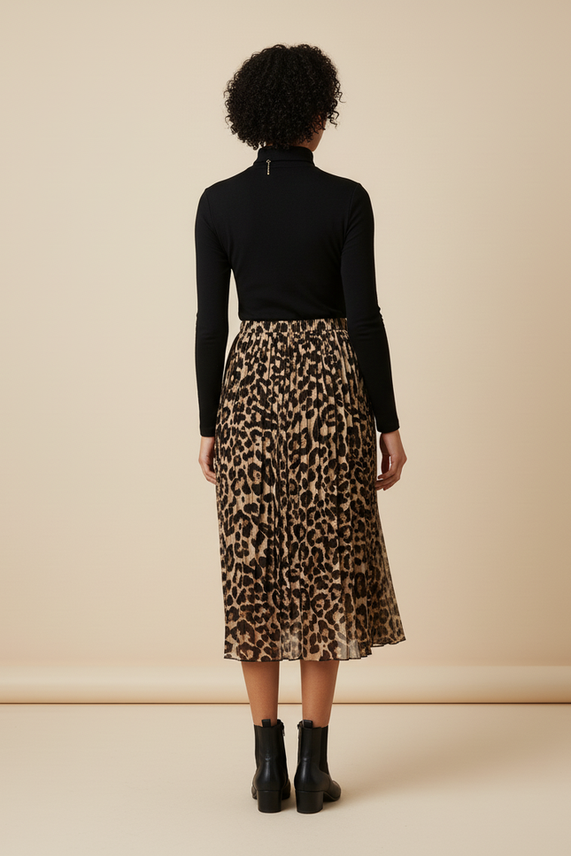 Jupe Longue Plissée Leopard Kaki