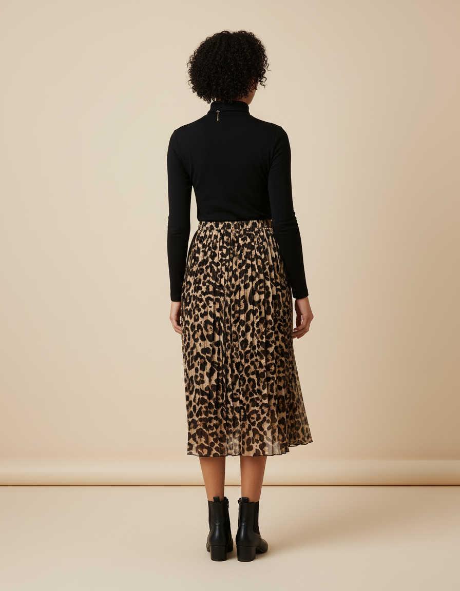 Jupe Longue Plissée Leopard Kaki