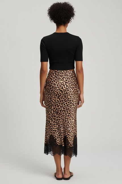Jupe Léopard Satin Dentelle Élégante