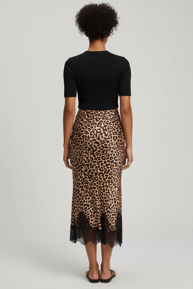 Jupe Léopard Satin Dentelle Élégante