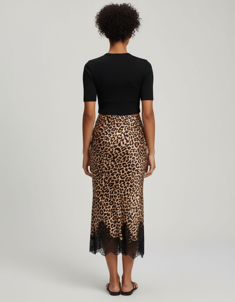 Jupe Léopard Satin Dentelle Élégante